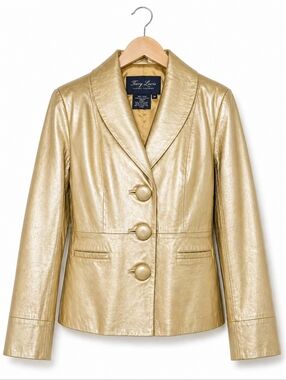 Terry Lewis Classic Luxuries Yellow Sparkle Leather Button Front Vintage Blazer